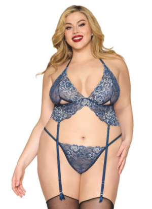 Soutien porte jarretelles grande taille et string en dentelle florale bleue - DG13522XBLU